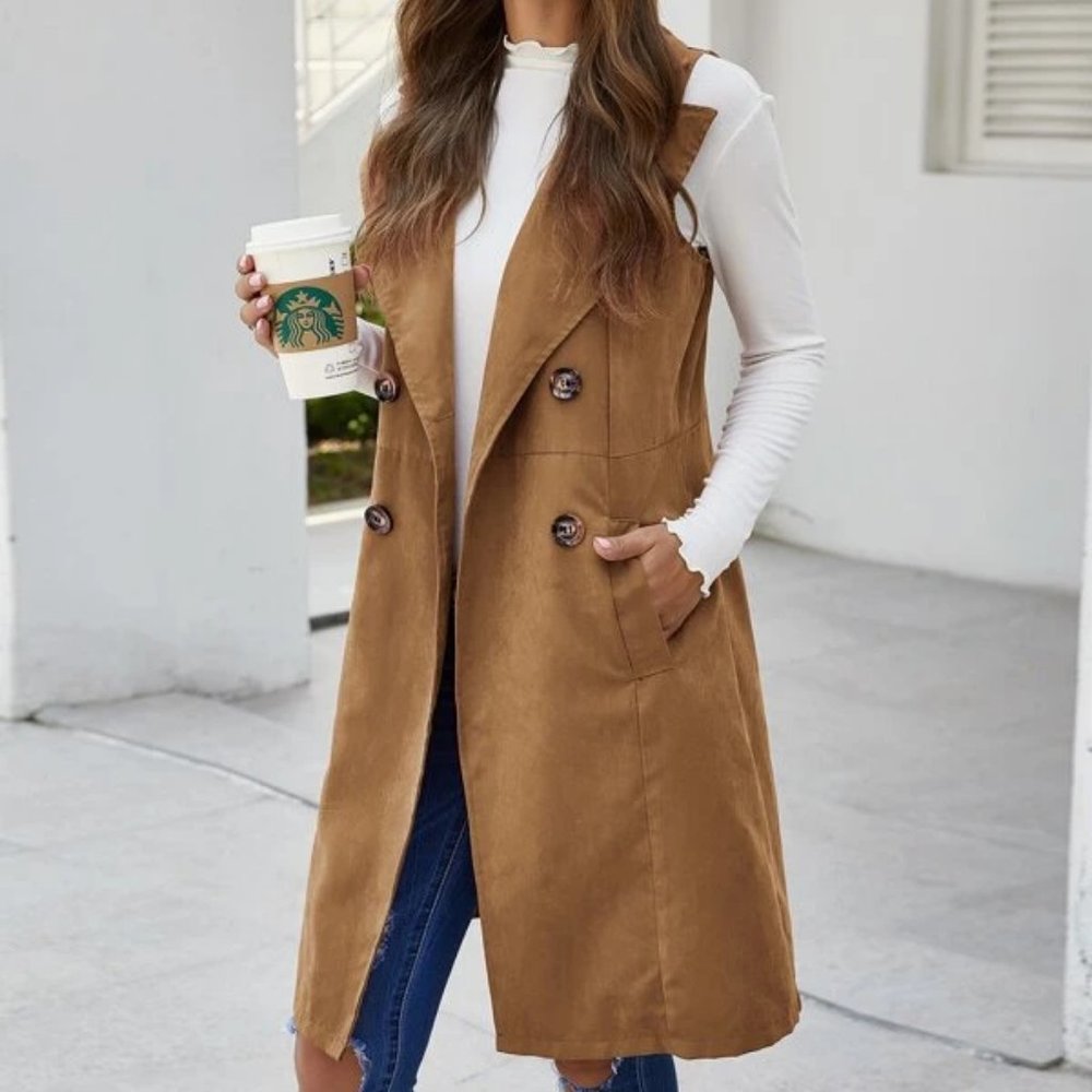 Double Breasted Pocket Side Vest Coat - Camel - Picture 2 of 8